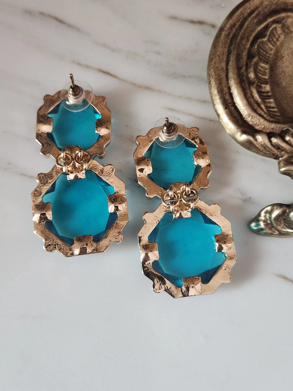 Teal Double Octagon Statement Earrings Gold and Blue Crystal Dangling